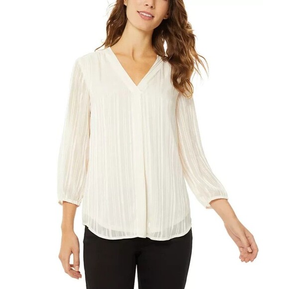 Jones New York Women's V-Neck Pleat Front Tunic Top, Jones White XS - Picture 1 of 3